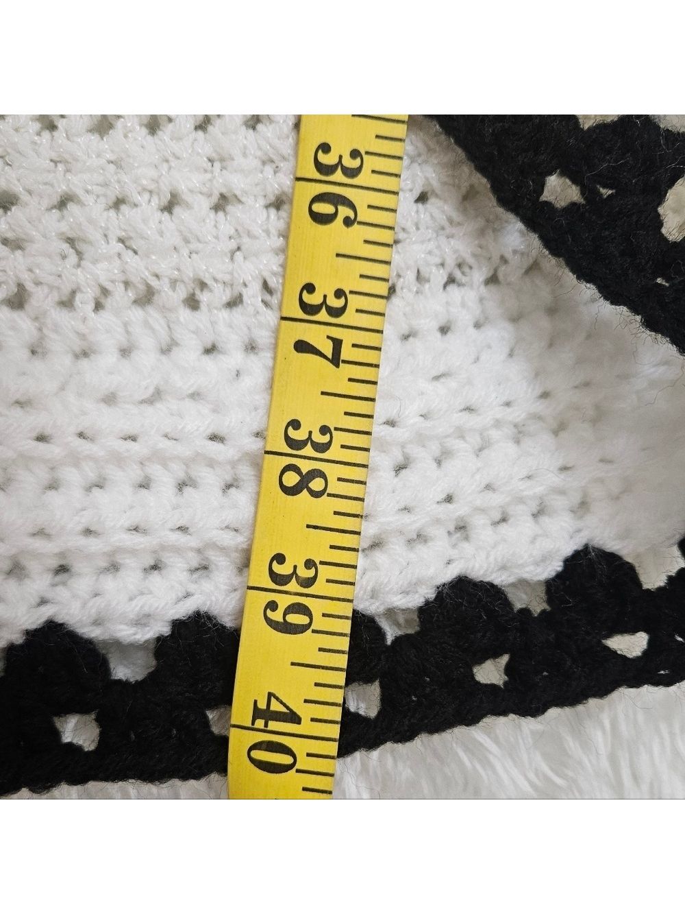 Handmade White Hand Knit Crochet Cocoon Cardigan Granny Square Black Open Front - Picture 16 of 17